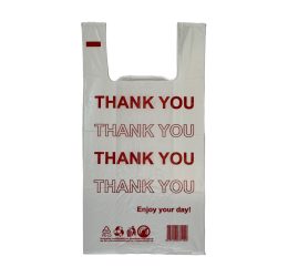 Sacoșă tip maieu alb „Thank you” 260 + 2×70 mm x 490 mm