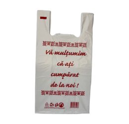 Sacoșă tip maieu alb „Vă mulțumim…” 260 + 2×70 mm x 490 mm