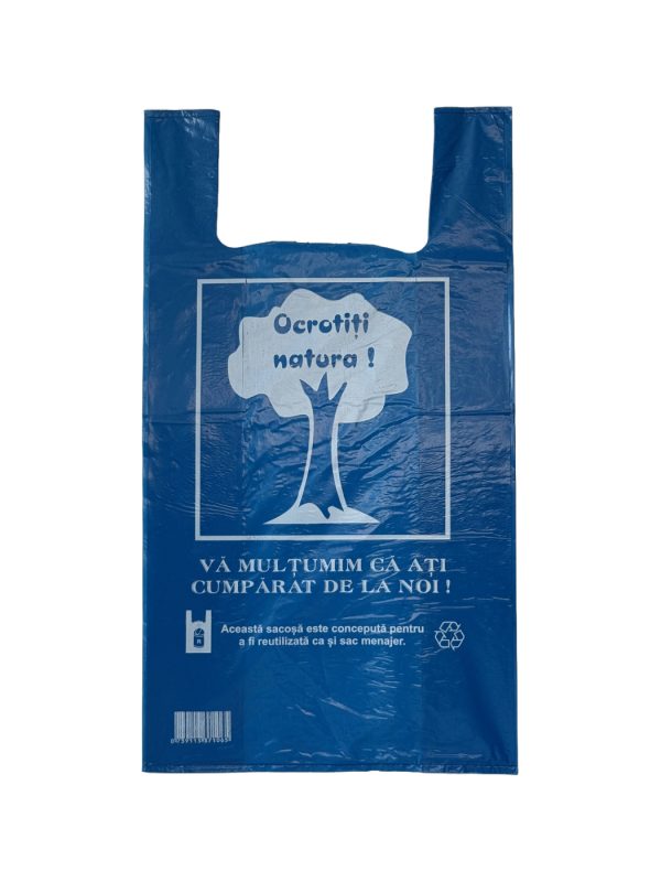Sacoșă tip maieu albastru „Ocrotiți natura” 330 + 2×85 mm x 600 mm