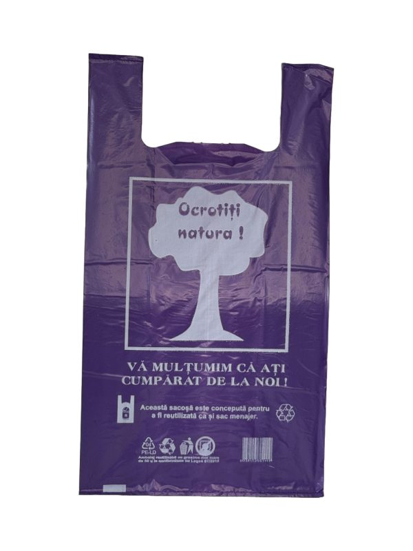 Sacoșă tip maieu mov „Ocrotiți natura” 330 + 2×85 mm x 600 mm