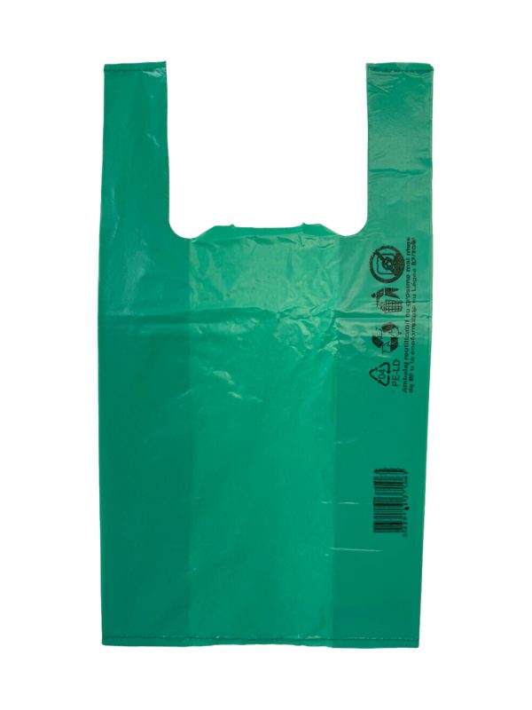 Sacoșă tip maieu verde 260 + 2×70 mm x 470 mm